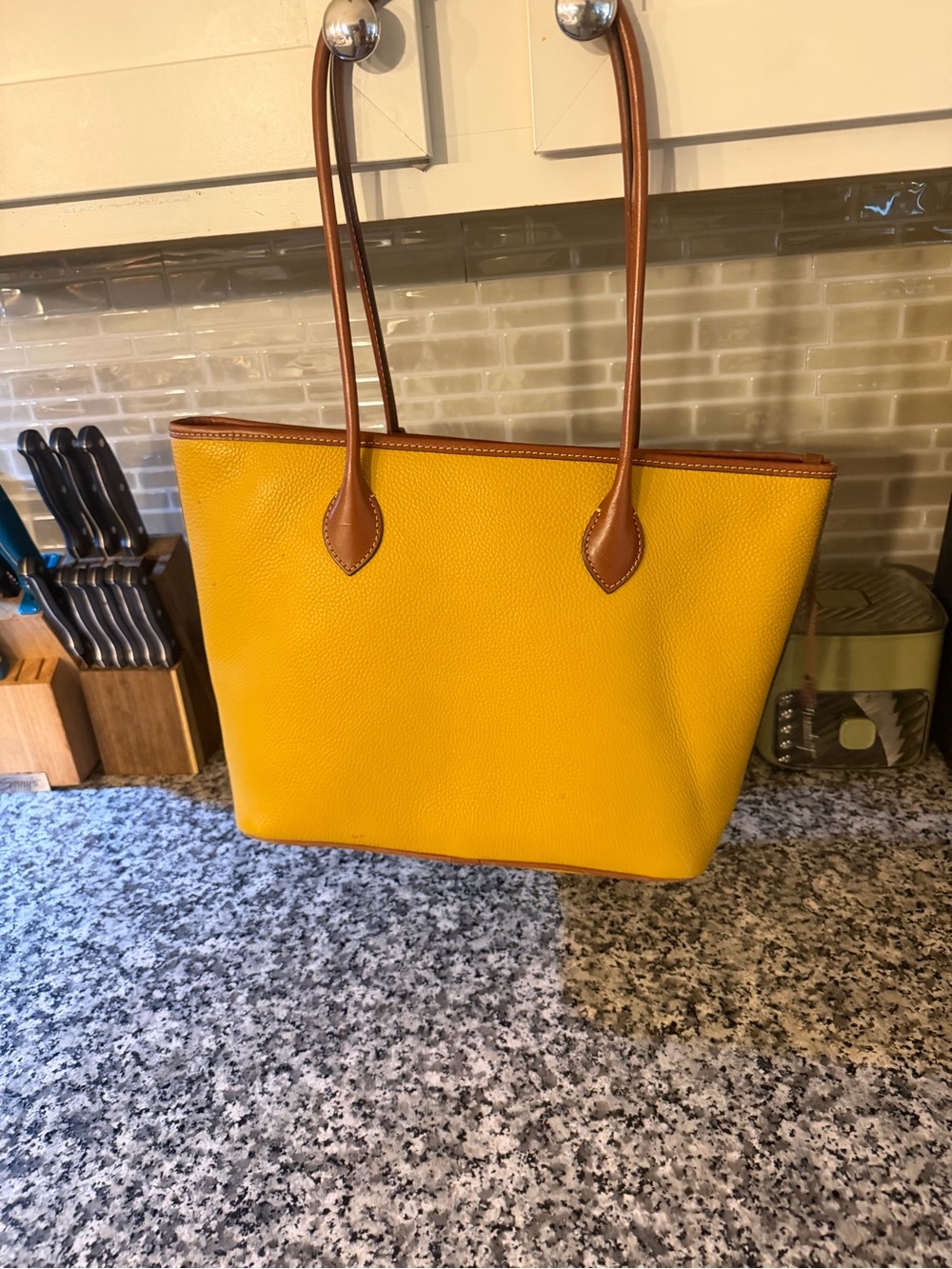 Dooney & Bourke Yellow Leather Tote with Brown Trim and DB Charm (Imitation) - Picture 4 of 6